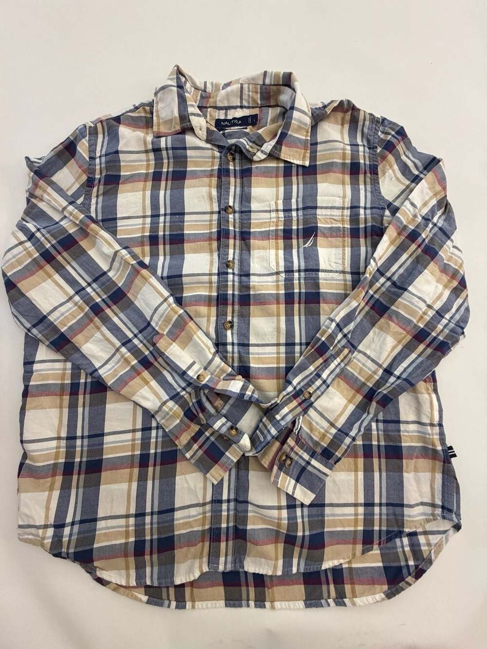 Nautica Classic Fit Plaid Shirt L Tan Blue Check Y2K Preppy Long Sleeve